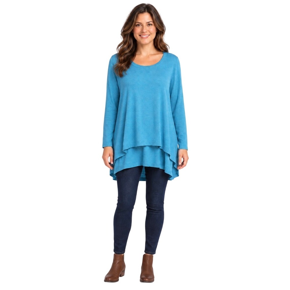 Eileen Fisher Woman Blue Merino Wool Tunic Sweater 3X Long Sleeve Hi-Low